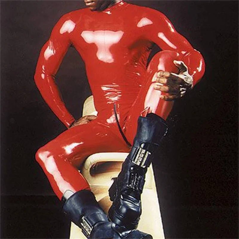 

Fashion Gummi Red Men's Latex Rubber Catsuit Rubber Bodysuit with Crotch Zip for Men ( No Gloves)