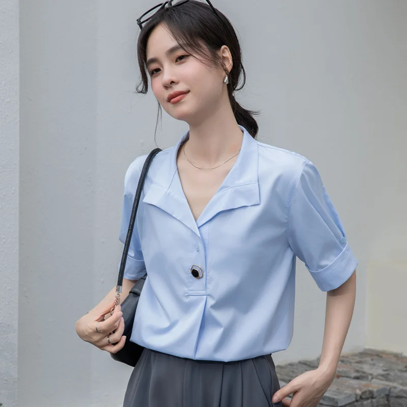 

Белая рубашка, женская рубашка с короткими рукавами, лето 2022, новая блузка, корейские отзывы, одежда для многих девочек, модные женские топы OL