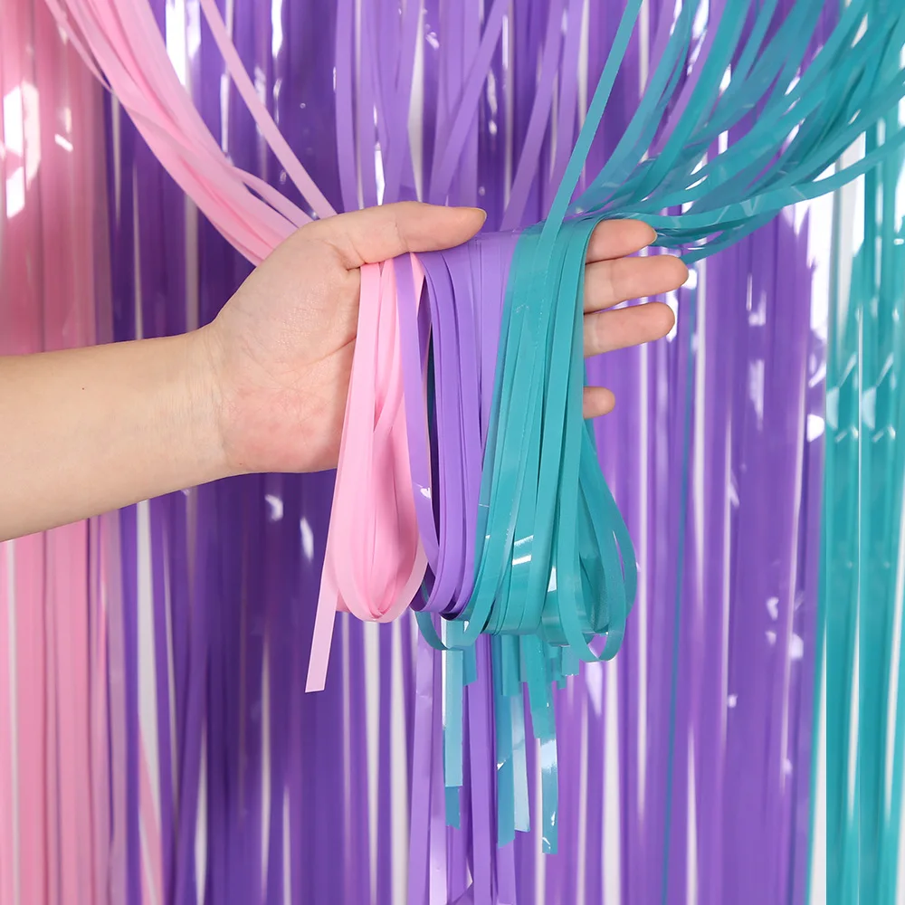 Girls Little Mermaid Theme Birthday Party Backdrop Decoration Tassel Pink Blue Purple Fringe Curtain Wedding Glitter Drape Decor