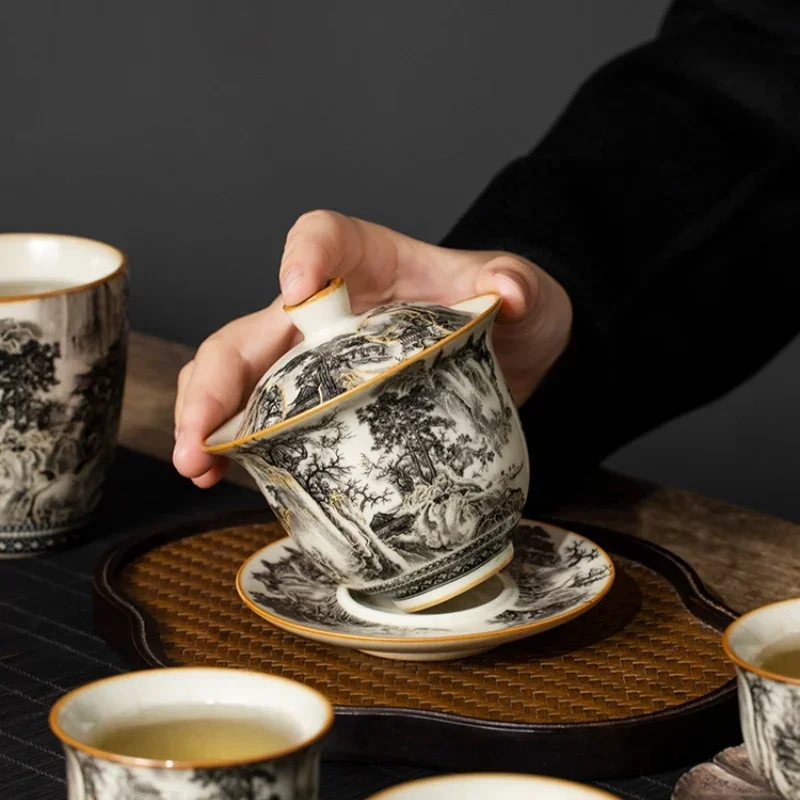 160ML Ru Kiln Landscape Porcelain Gaiwan Set For Tea Tureen Teaware Cup Chinese Yellow Ceramic Opening Tea Bowls Tea Ceremony 4
