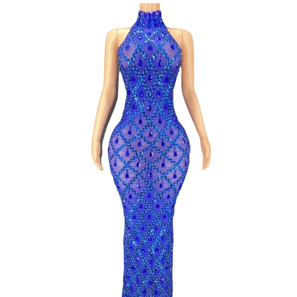 Glänzende Strass Pailletten Bodycon Lange Kleid Frauen Abend Prom Geburtstag Kleid SexyTransparent Leistung Sänger Zeigen Tragen