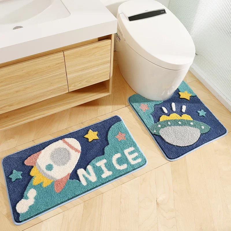 Cartoon Flocked Bathroom Rug Set Toilet U-shaped Floor Mat Thickened Microfiber Bath Mats Carpet Shower Room Doormat Anti-slip