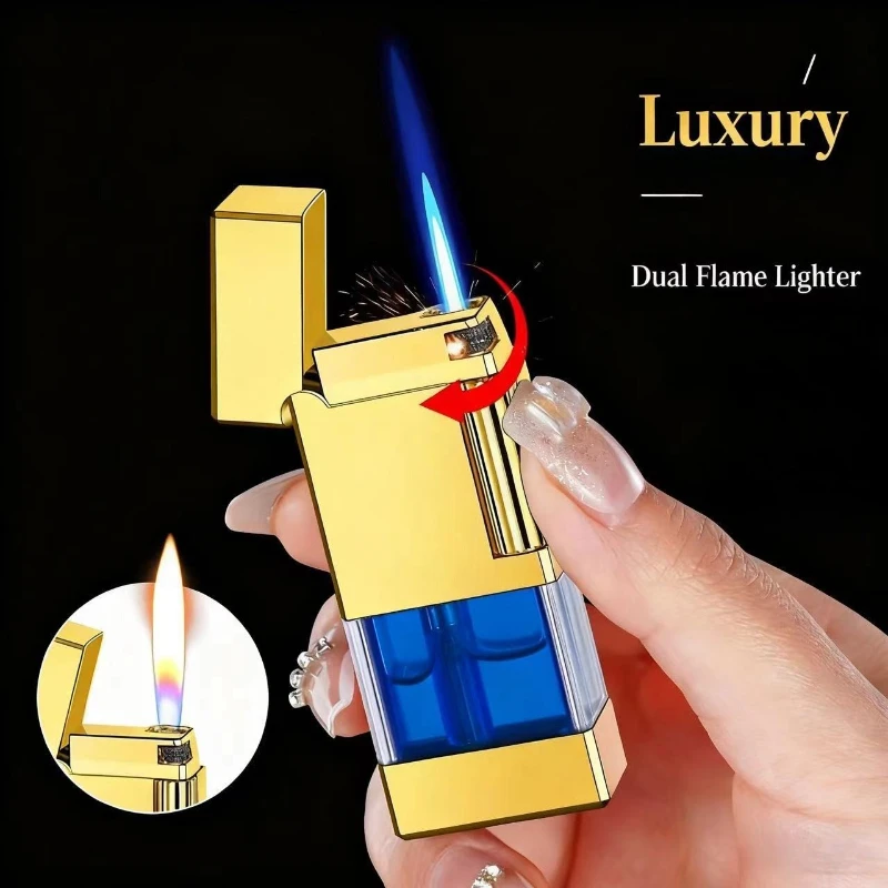 New Creative Visible Transparent Air Chamber Side Sliding Grinding Wheel Ignition Dual Flame Switching Large Capacity Lighter