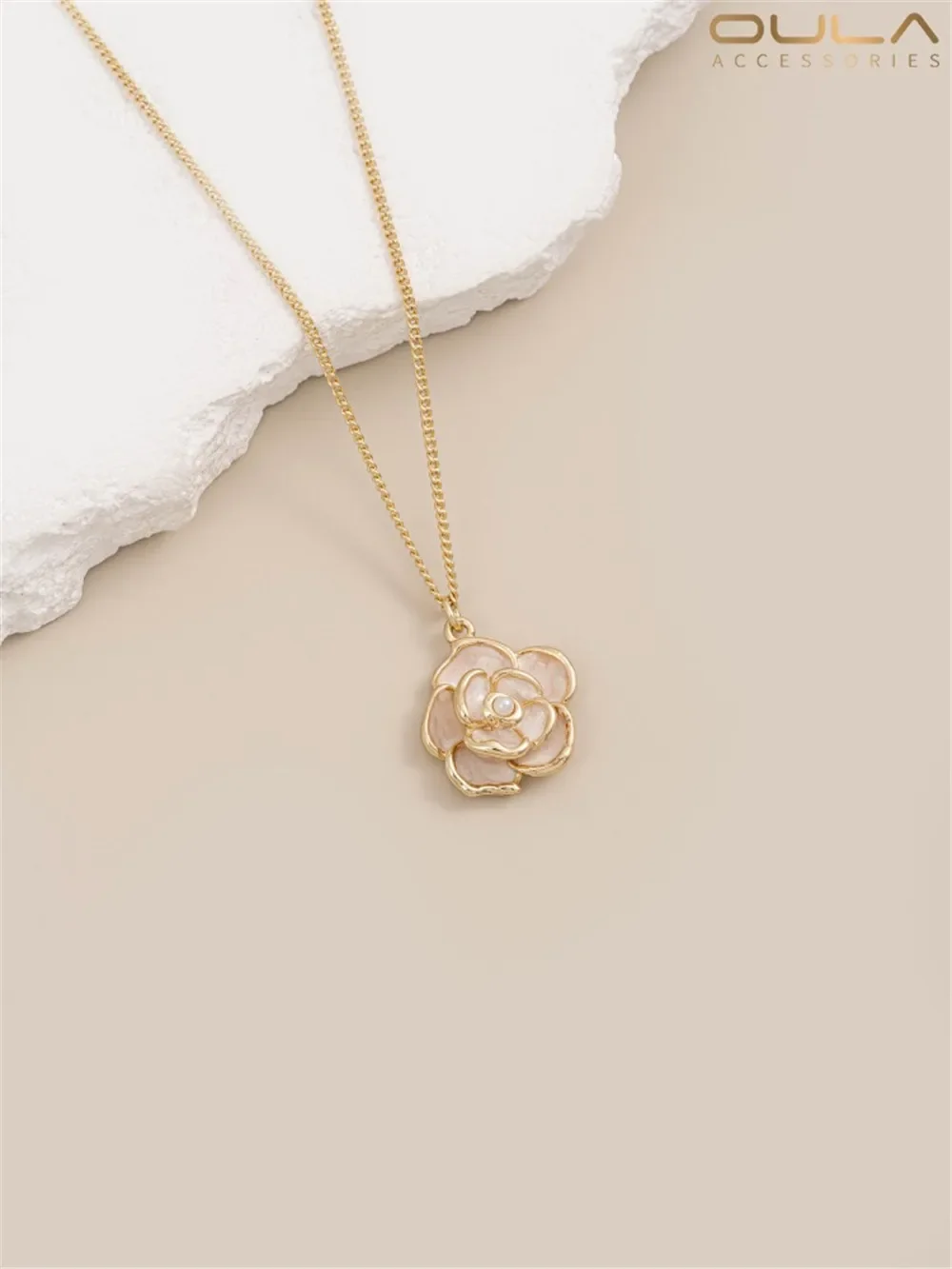 

14K Gold-Color Plated Camellia Pendant Handmade DIY Pearl Necklace Flower Pendant Bracelet Jewelry Set for Women