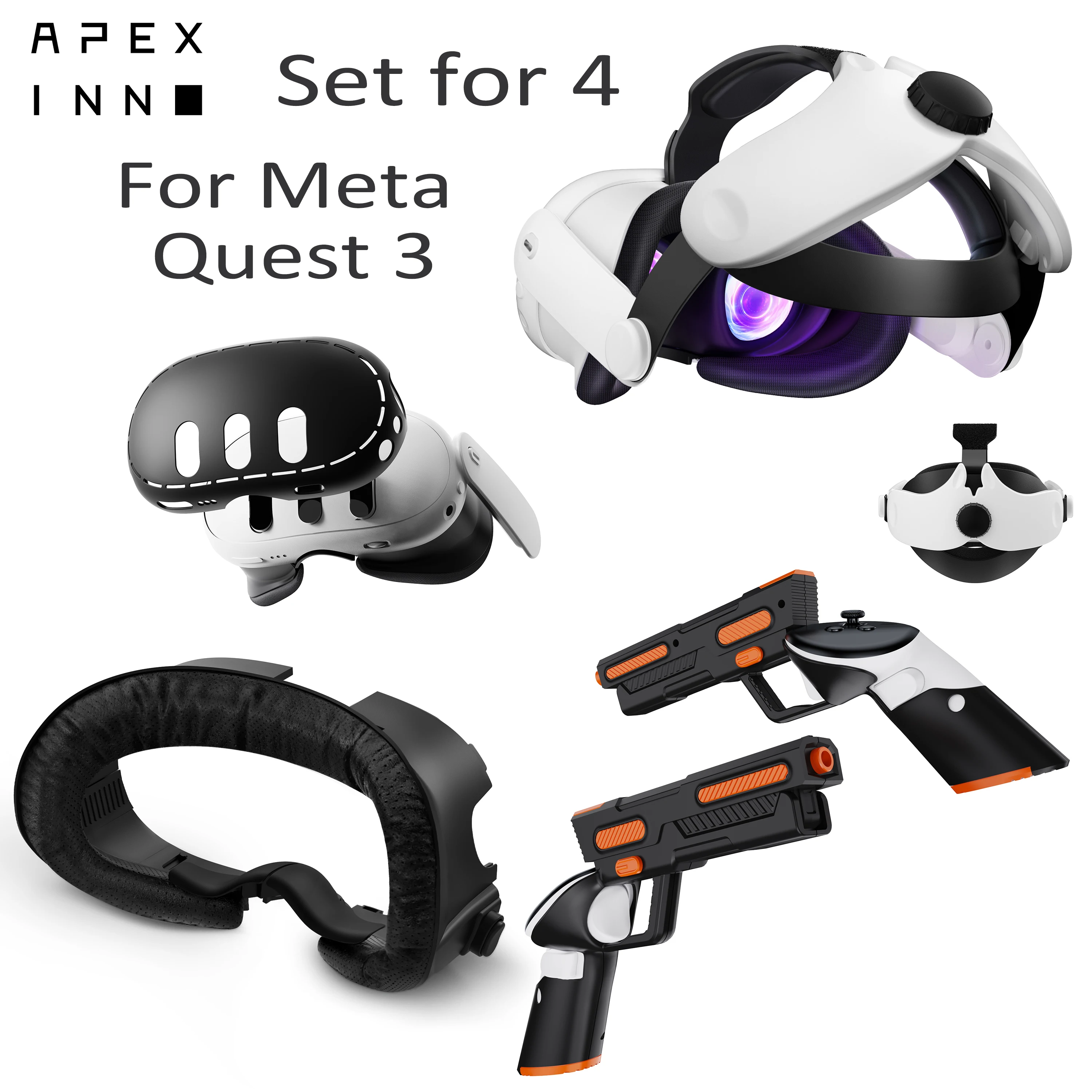 APEXINNO For Meta Quest 3 VR Gun Stock Cover Facial Interface Head Strap Silicone Shell Cover 4 IN 1 For Quest 3 VR Accessories