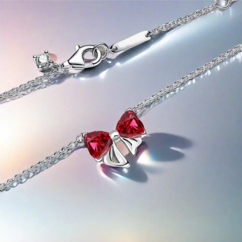 مجموعة مجوهرات رومانسية على شكل فيونكة 925 فضية على الموضة وقلادة وخاتم وسوار وربطة عنق مجموعة أصلية يمكنك صنعها بنفسك هدية عيد الحب الجميلة للنساء