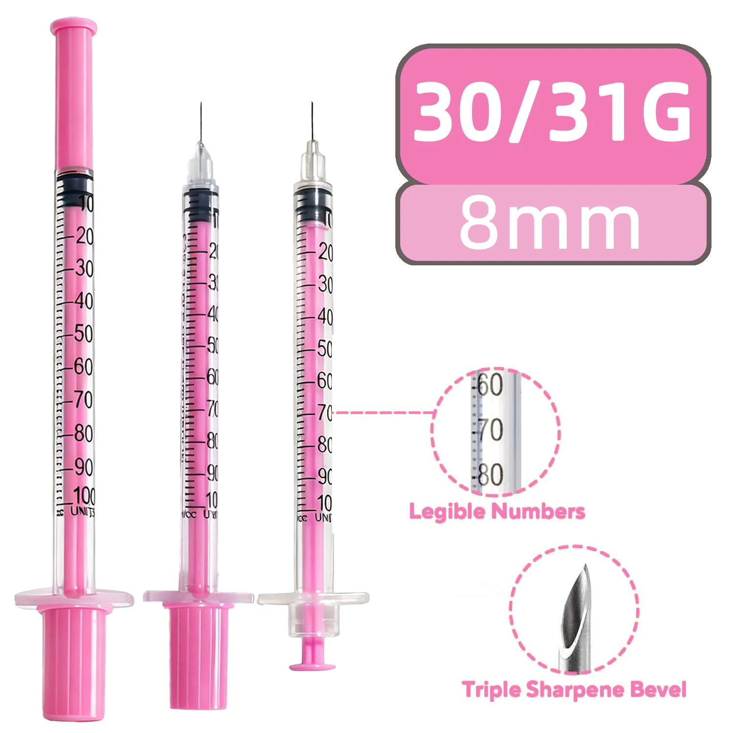 25/100 Stück 1ml/30G-31G/8mm Insulinspritze mit ultrafeiner Nadel – Steril, einzeln verpackt, rosa Kappe, Präzision für niedrige Dosen – Detail 2