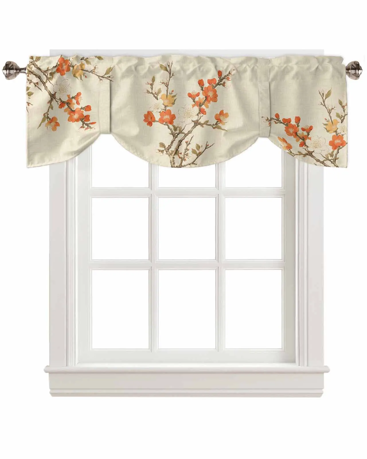 Plum Blossom Leaves Branches Short Window Curtain Adjustable Tie Up Valance for Living Room Kitchen Window Drapes