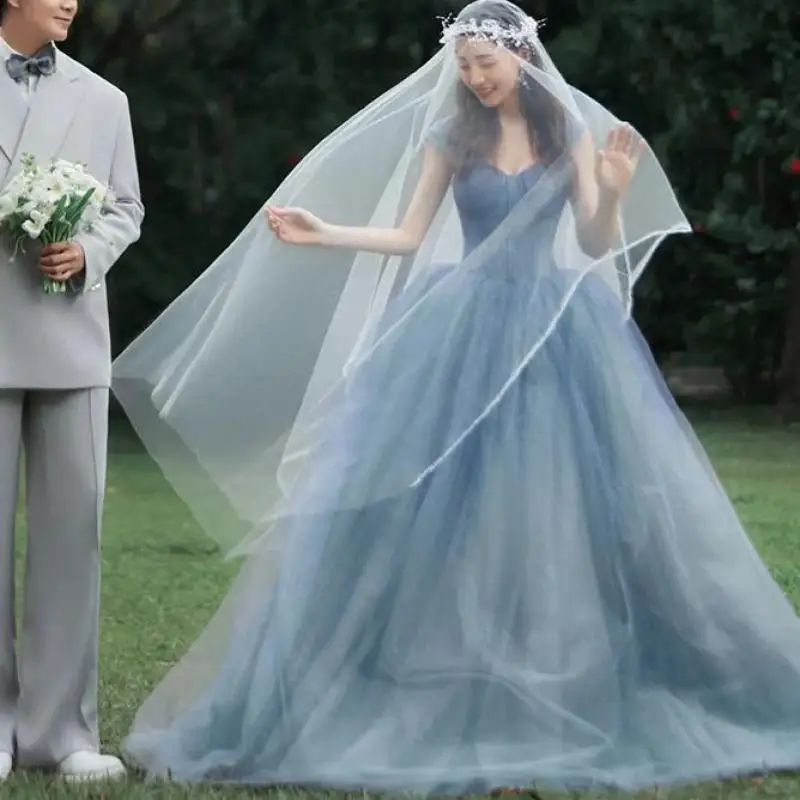 Vestidos de novia más nuevos, vestido de novia sencillo de princesa de tul azul con tirantes finos, vestidos de fiesta largos y elegantes personalizados