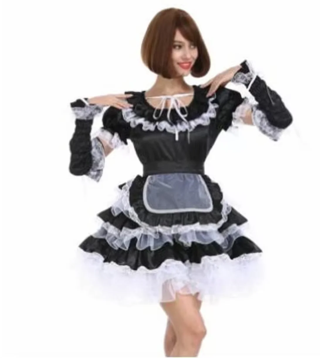 

Hot Selling Sissy Girl Maid Cool Black Lockable Round Necked Ribbon Fluffy Dress Fake Girl Cross Dresser Party Daily Unisex Dres