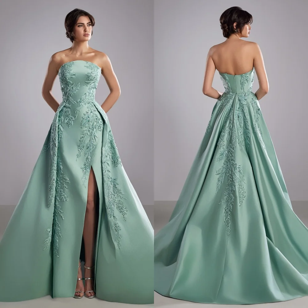 

Customized Exquisite Elegant Charmeuse Applique Beading A-line Strapless Long Dresses Bespoke Occasion Dresses Classic Formal