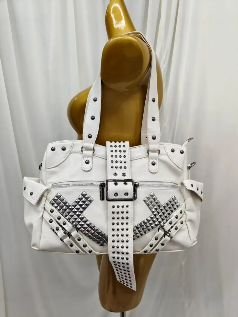 White Faux Leather Tote Shoulder Bag Silver Rivet Cross Spike Belt Gothic Grunge Y2K Crossbody Handbag for Women