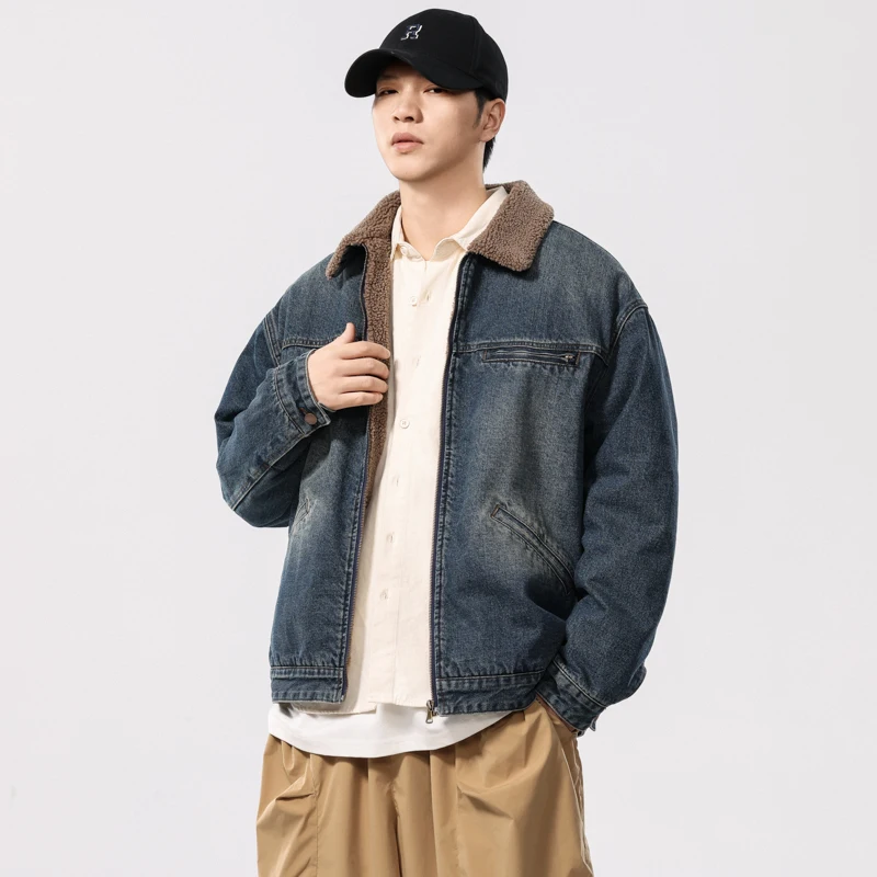 

Thickened Fleece-Lined Denim Streetwear Men's Winter Jacket (Trendy & Warm) 2025 Autumn Plus Size Washed Coats High Quality