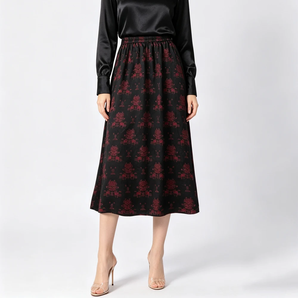 2026 Women's Fashion Autumn Clothing 100% Natural Mulberry Silk Gambiered Guangdong Gauze Elastic Waist Fork Wrapping Hip Skirt