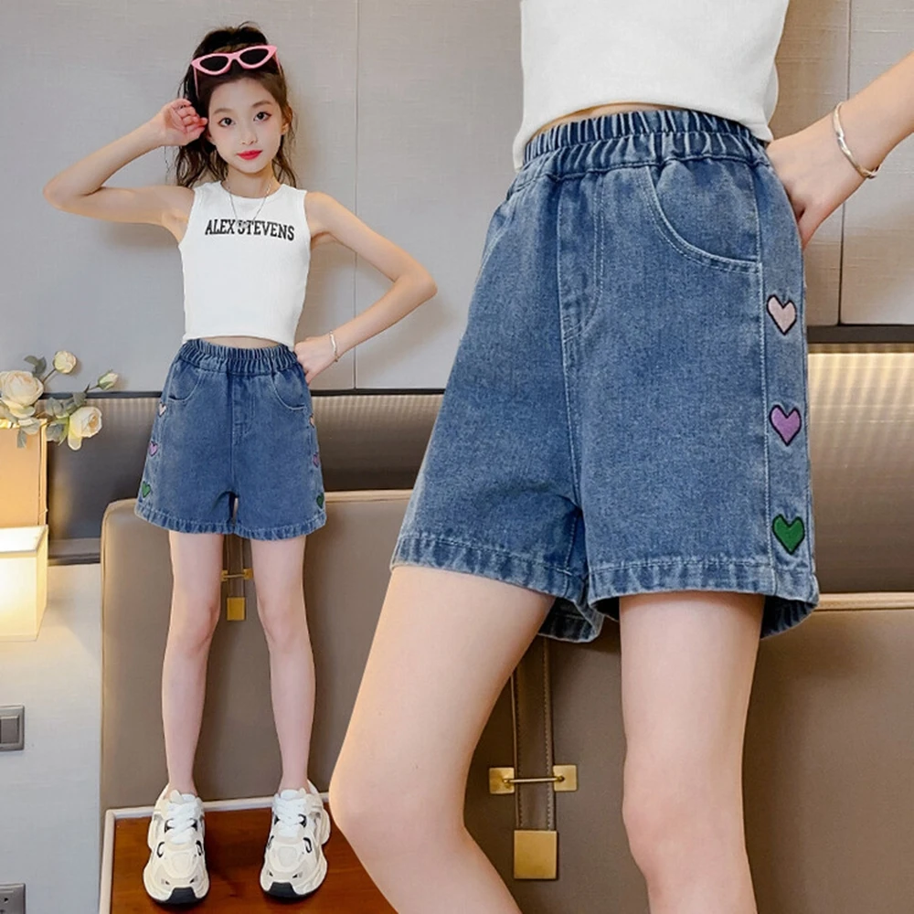 Teenage Girls' Denim Shorts Summer Thin Section 5-15Y Girls' Fashion Embroidery Shorts