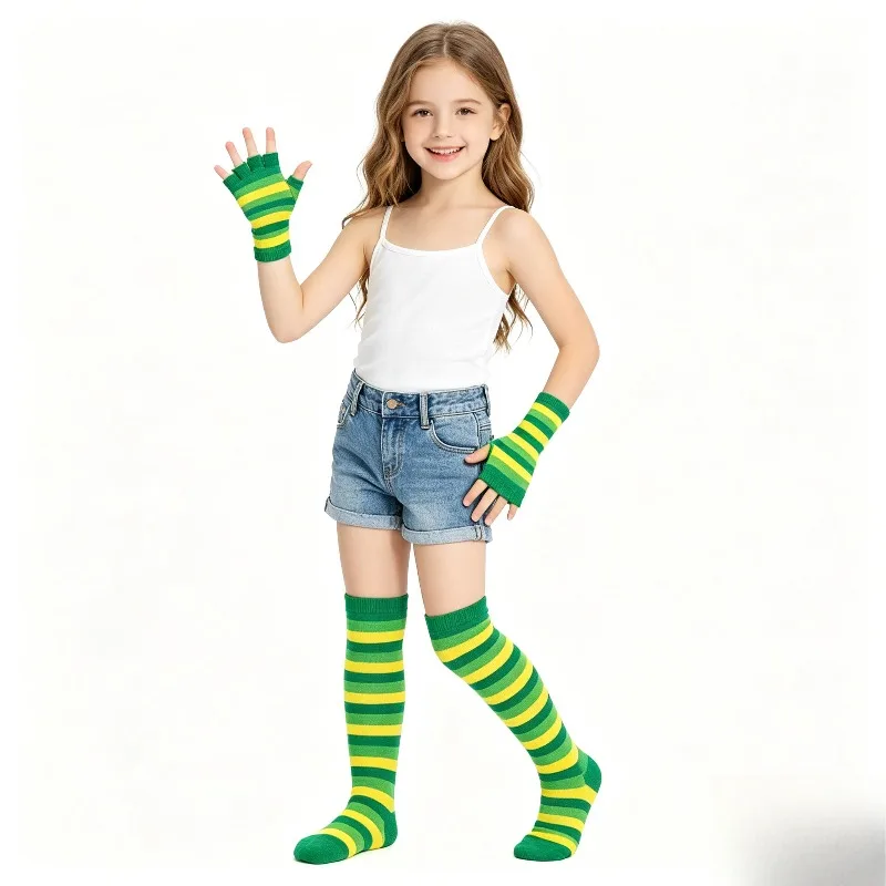 Knitted Striped Fingerless Arm Sleeve Warmers Over Knee Socks Matching Combo, Stretchy Dance Leg And Arm Costume Accessories