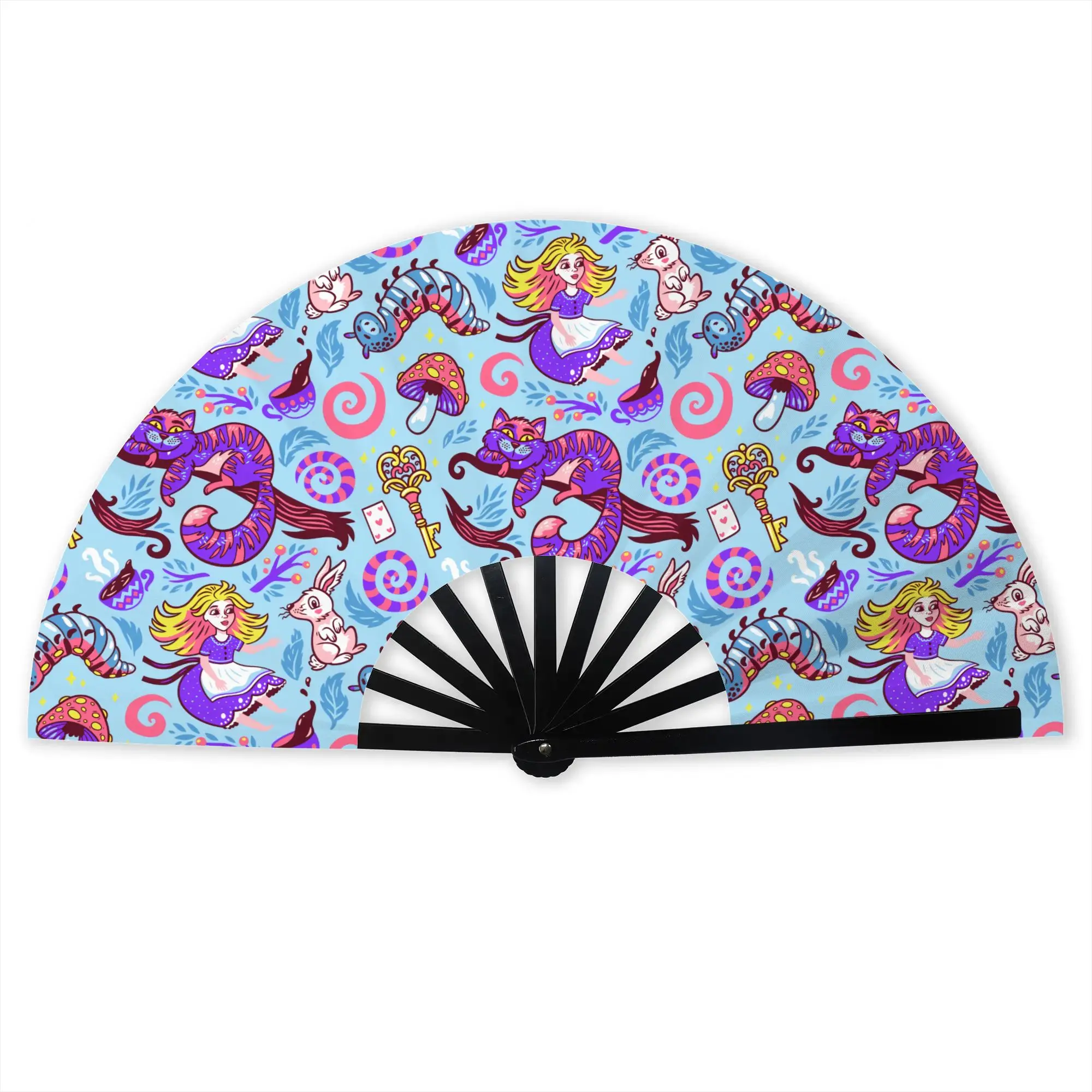 Cheshires Anime Cat Stylish Hand Fan Men Alices Cartoon Printed Polyester Fan Trendy Costume Prop Folding Fans For Dancing Gift