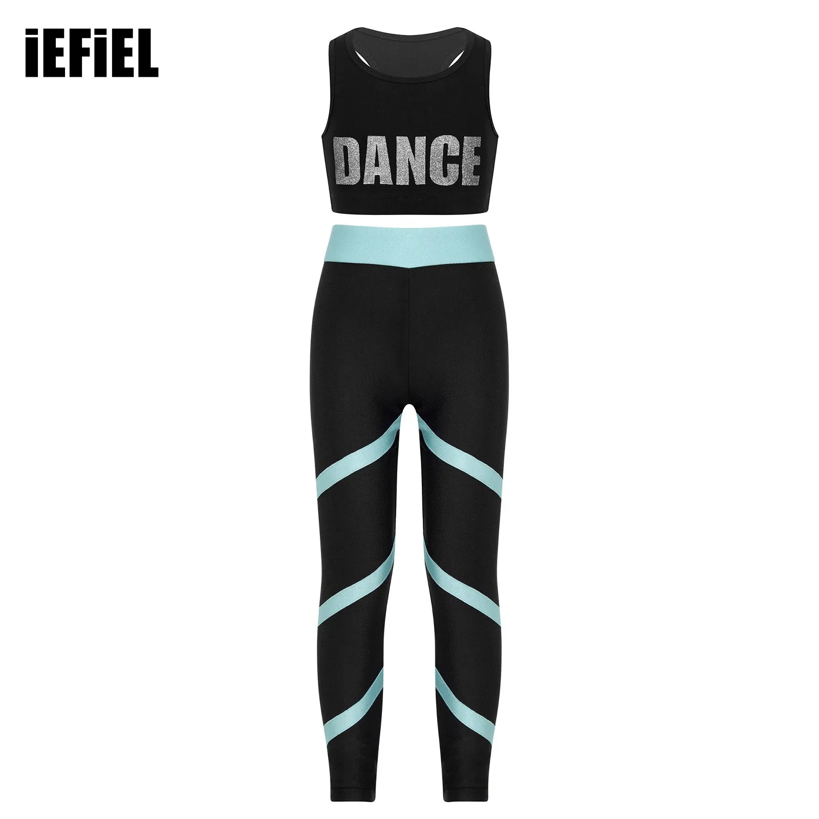 

Kids Girls Gymnastics Set Sleeveless Racerback Crop Top with Elastic Waistband Pants for Performance Dance Competition