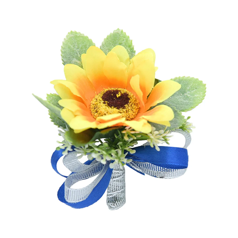 

1Pcs Simulation Sunflower Brooch Blue Ribbon Wedding Boutonniere Bridal Corsage Artificial Flower Brooch Pin Bride Groom