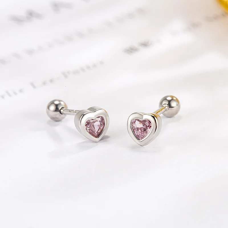 Sterling Silver Color Colorful Zircon Simple Heart Ear-Sticks Women's Earrings Fashion Jewelry 2096