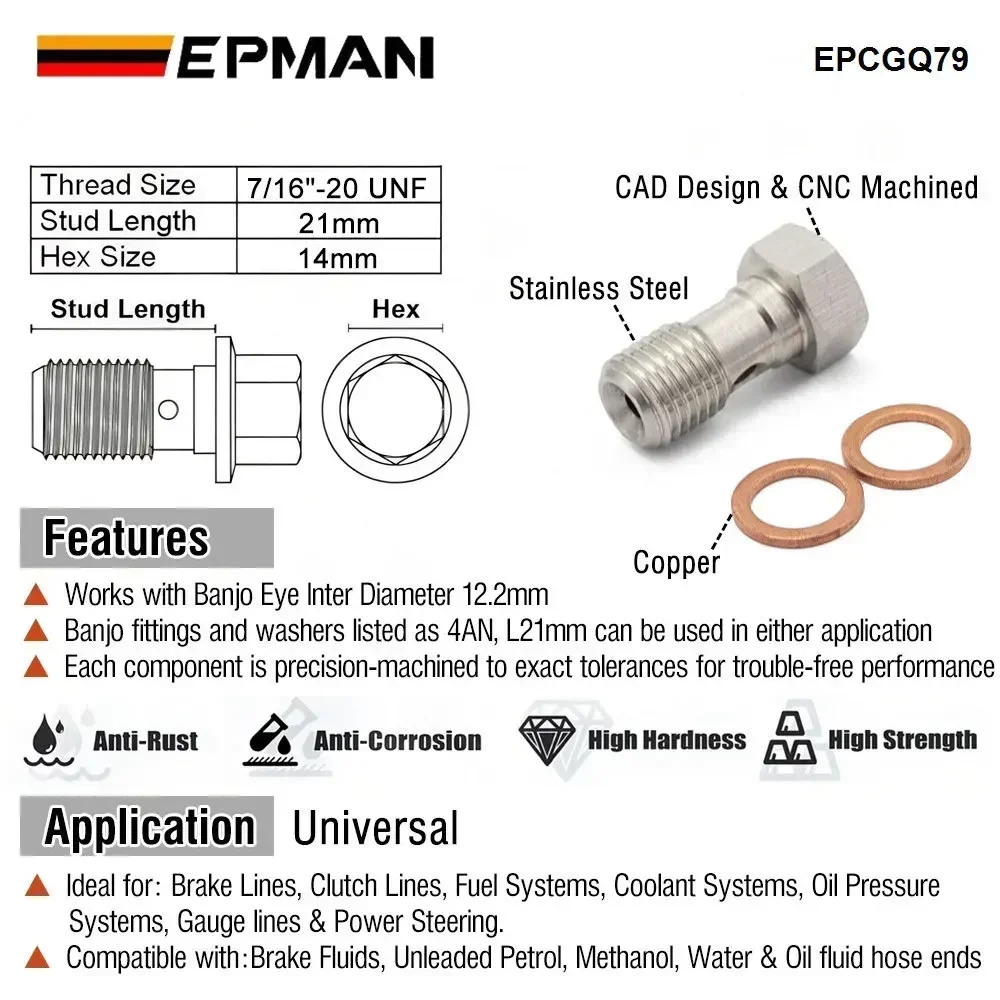 EPMAN Performance Banjo Bolt Single Stainless Steel 7/16