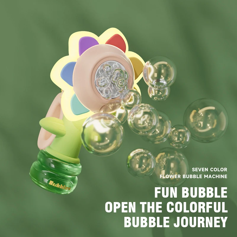 Seven Color Sunflower Handheld Bubble Machine Shake Head Soap Bubbles Swing Light 3 Speed Adjustment Automatic Blowing Kids Toys