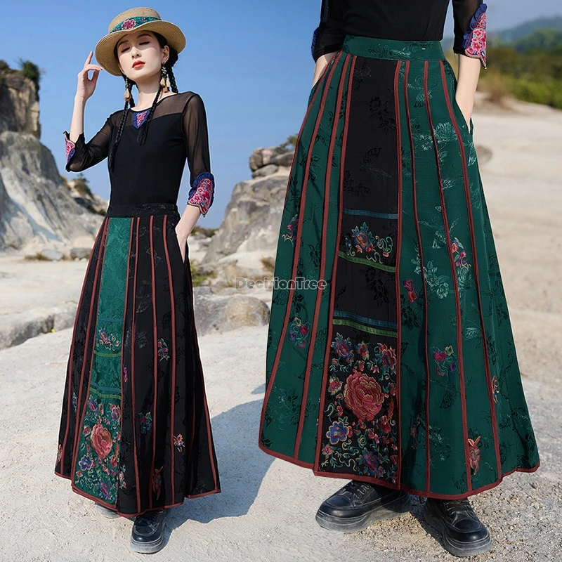 

2025 new women's chinese ethnic style jacquard embroidery flower elastic waist and large swing skirt loose retro long half skirt