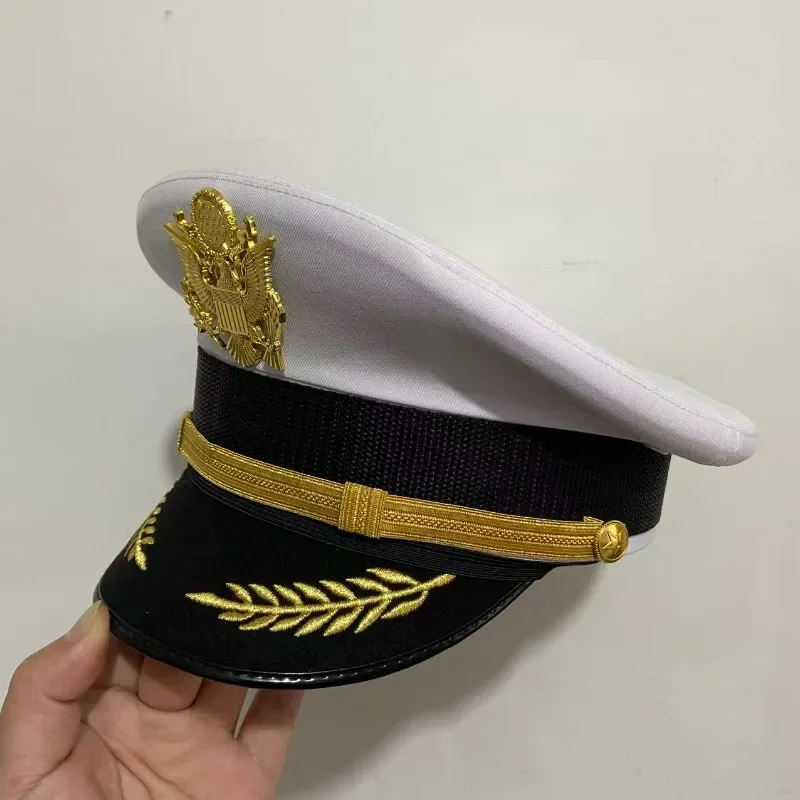 Classic Militar Officer Peaked Cap White Top Security Captain Hat Gold Oak Leaf Embroidery Costume Hat General Service Cap