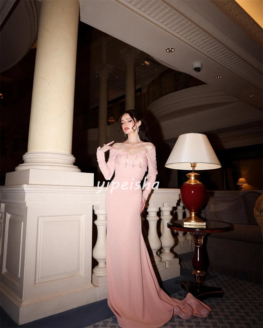 Элегантные модные джерси с бисером и рюшами по индивидуальному заказу, прямые длинные платья с открытыми плечами, платья для особых случаев на заказ, высокое качество