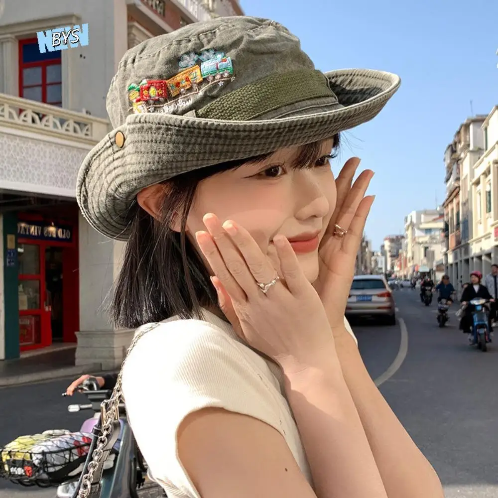 

Retro Big Brimmed Denim Bucket Hat Sunscreen Visor Western Cowboy Hats Y2K Korean Style Fisherman Hat Lady