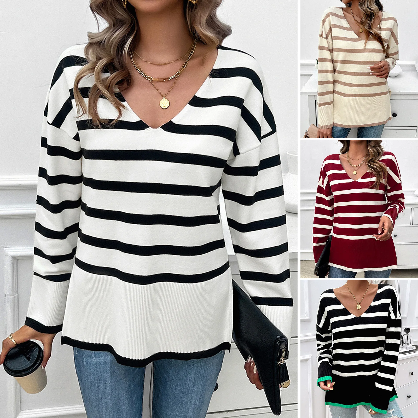 Autumn Winter Women's Sweater Tops Female V-neck Stripe Knitted Pullovers Lady's Thicken Warm Knitwears Women's Casual Loose Top