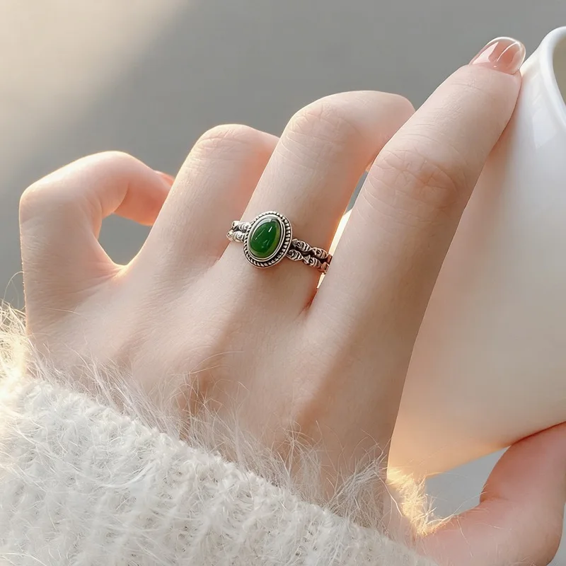 Women's 925 Sterling Silver Geometric Green Stone Ring, Handmade