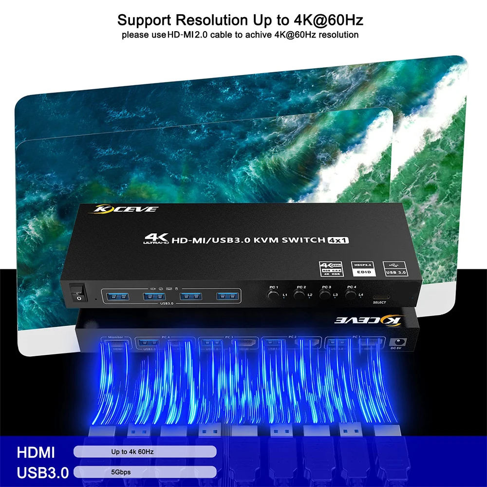 USB 3.0 KVM Switch HD-MI 4 Port Support USB Hub HDR EDID HD-MI USB Switch 4 in 1 Out and 4 USB 3.0 Port for Keyboard Mouse Print