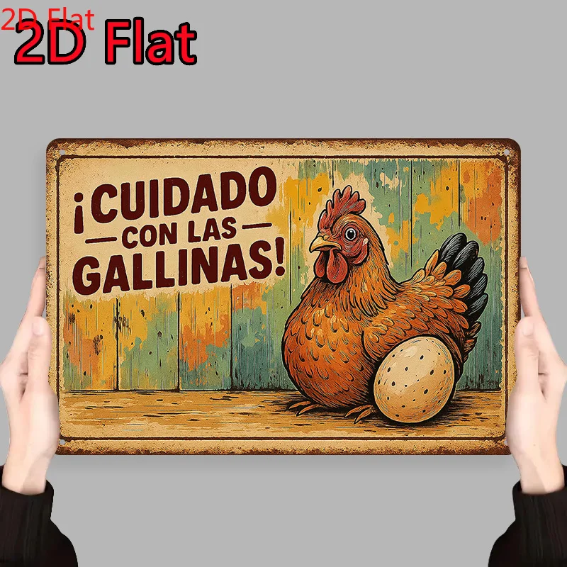 2D Flat Vintage Spanish Chicken Warning Iron Sheet Wall Art Farmhouse Hen & Egg Wall Decor, Rustic Country Outdoor Sign view 2