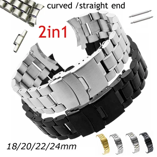 18mm 20mm 22mm 24mm 2 en 1 correa de reloj de acero inoxidable con extremo curvo recto pulsera de repuesto con herramienta