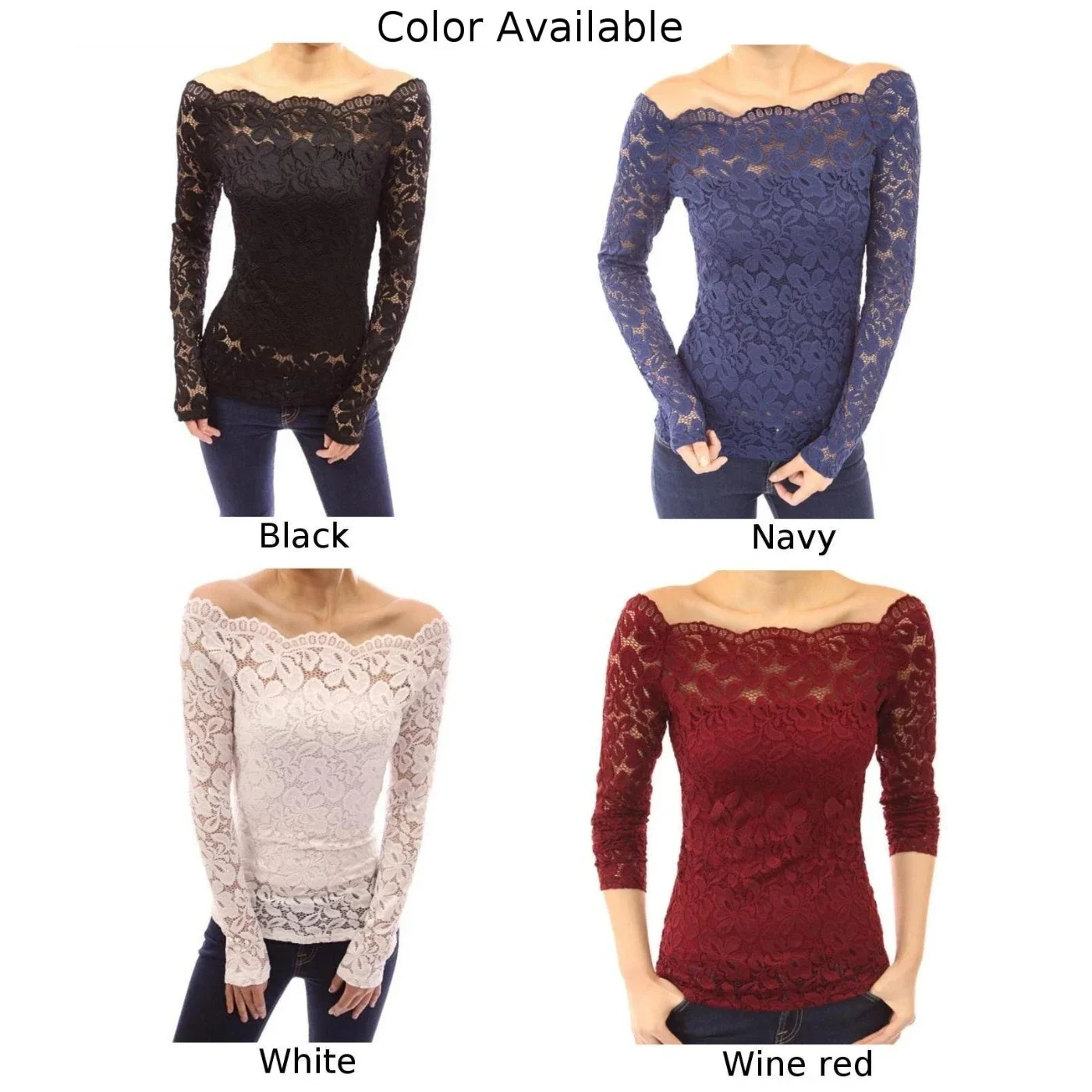 Women\'s Sexy Off Shoulder Lace Transparent Blouse Long Sleeve Solid Color Ladies Slim Fit Blouses Tops Tee Clothing