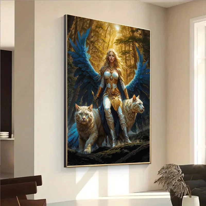 1pc Frameless Modern Goddess Freya Canvas Art with White Cats Canvas Painting, Vibrant Blue & Golden Fantasy Painting for Living