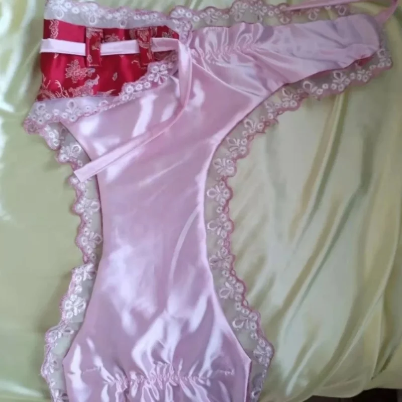 رجل مثير مزدوجة الطبقات الساتان ملخصات الدانتيل والتطريز لينة حريري اللمس امرأة قابل للتعديل حزام السراويل ملابس تنكرية للحفلات الخاصة