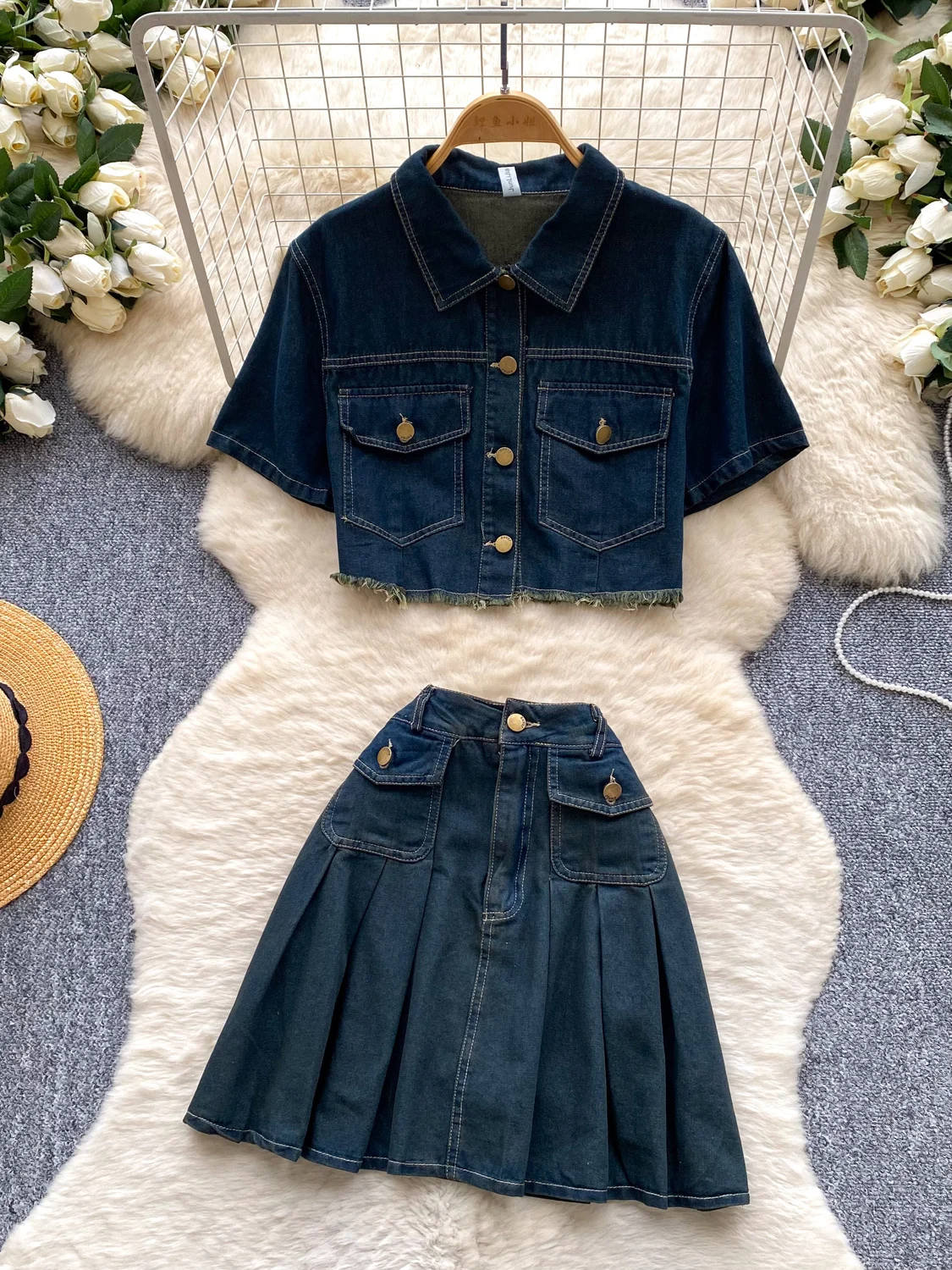 

Korean Style Commute Denim Two-Piece Set Women Summer Short Sleeve Jacket Pleated Skirt Slimming Ensemble High Waist Design