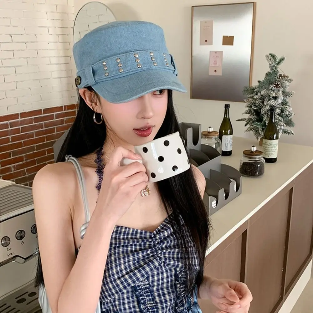 

Casual Cloth Rivet Denim Beret Washed Denim Korean Style Rivet Flat Top Fashion Y2k Equestrian Hat Autumn