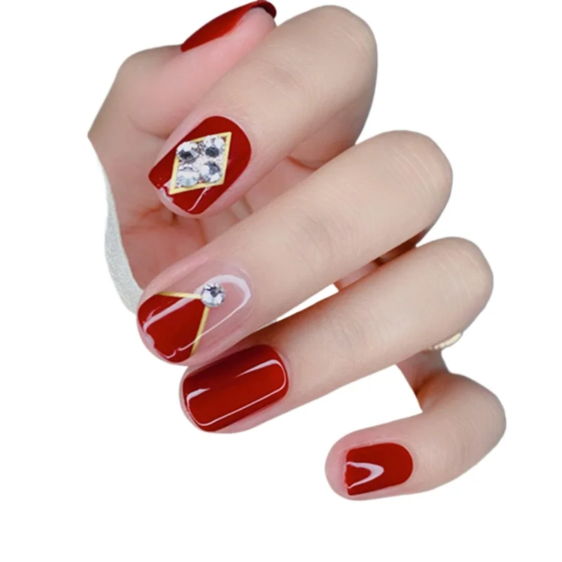 

Wear nail short burgundy simple point diamond solid color nail art piece removable nail patch
