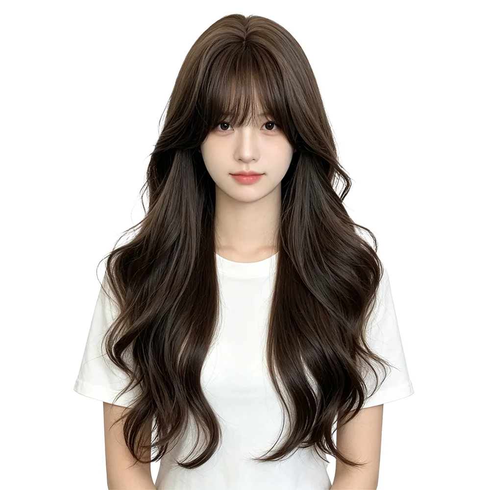 Hazelnut Ash Brown Long Curly Wig With Air Bangs Women Natural Soft Heat Resistant Synthetic Hair For Office Date Daily Wear