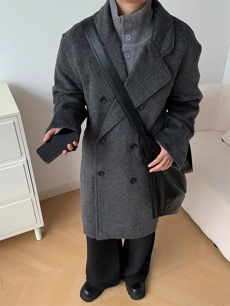 Double-Buttoned Over-Knee Woolen Men's Coat Winter Thickened Fleece Lined Loose Style Korean Version Windbreaker Jacket