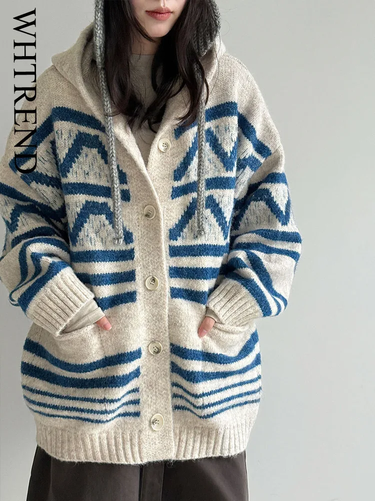 

WHTREND Korean Style Versatile Wool Knitted Cardigan For Women, New Autumn Hooded Style Sweater Coat WH1788