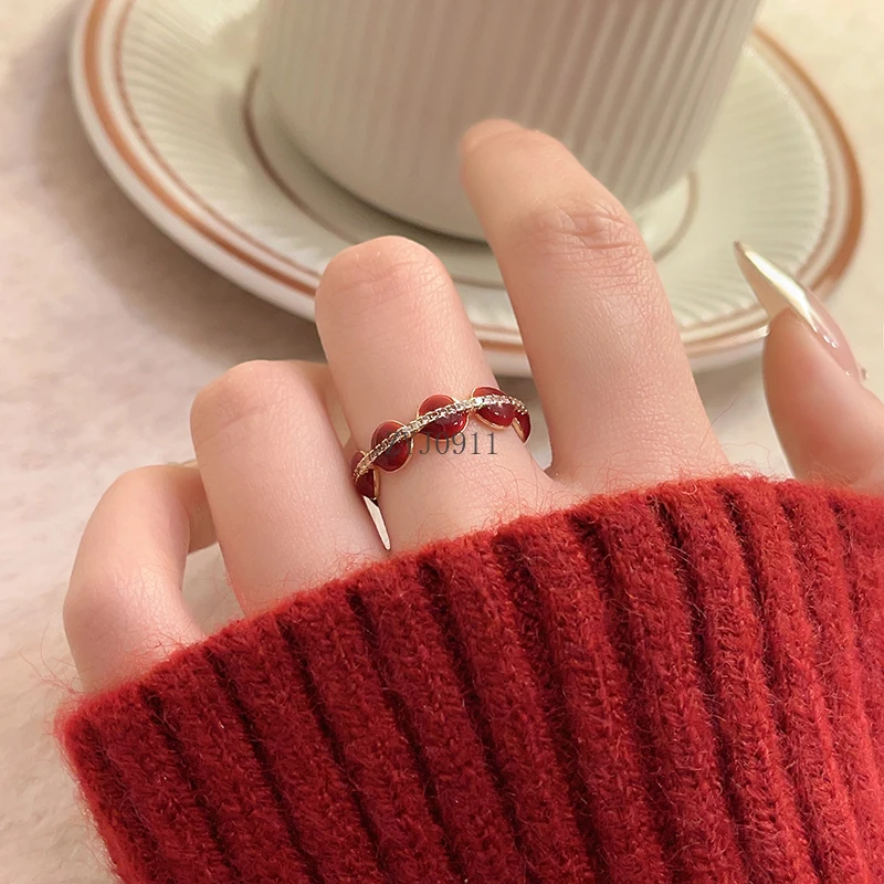 Zircon micro-inlaid red ring, female niche index finger ring, light luxury high-end open ring, little finger tail ring.