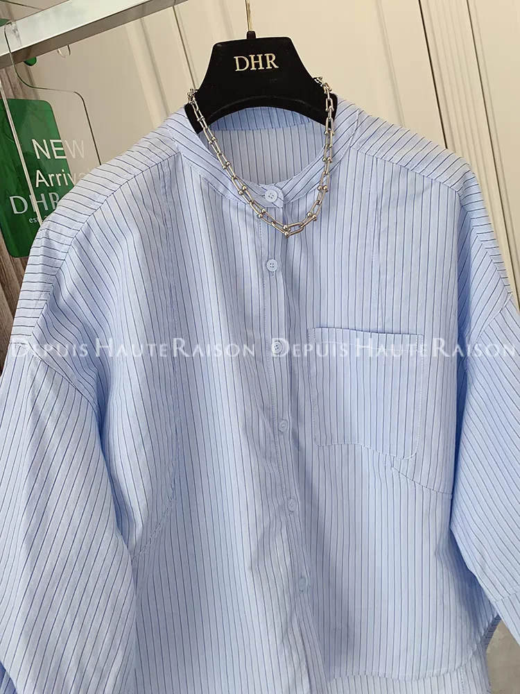 

SuperAen Blue Striped O Neck Cotton Shirt Doll Shirt Loose Top Women's 2025 Spring Shirts