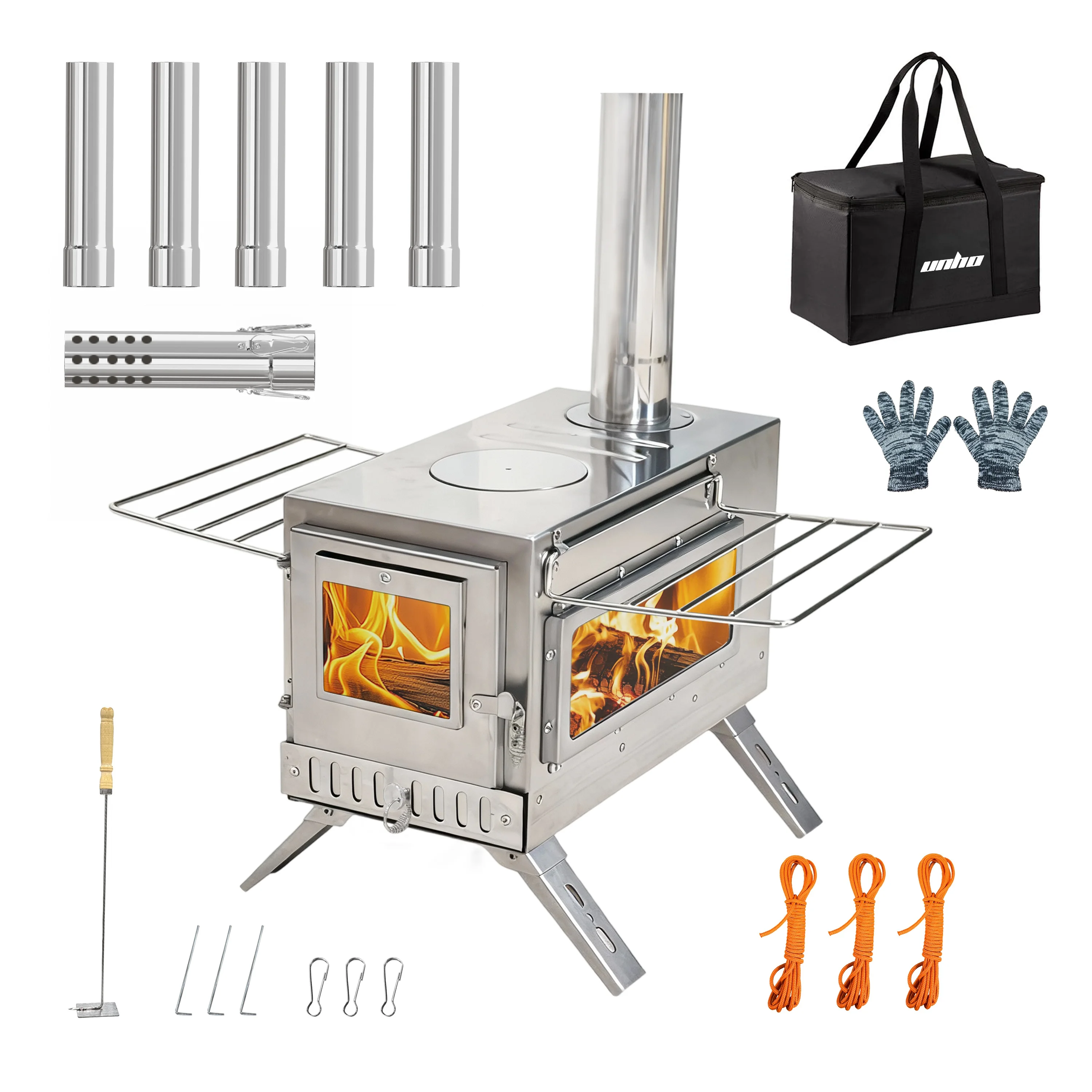 

unho Tent Stove Portable Wood Stove Camping Stove Stainless Steel Wood Stove with 7 Tubes Outdoor Cooking and Garden Activities