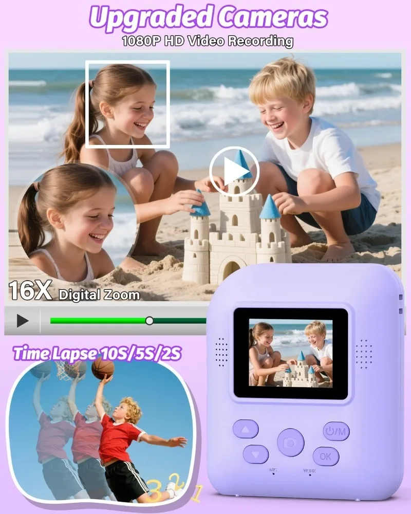 Kindercamera Instant Print Photo, draagbaar thermisch printen Cameraspeelgoed met HD digitale video, voor studentencreativiteit en leren