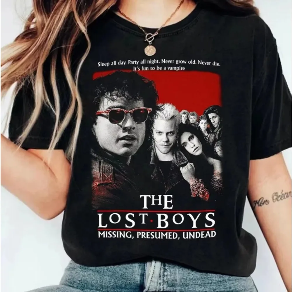 Camiseta Vintage The Lost Boys, camiseta de película de terror de vampiro, camiseta de verano para hombres y mujeres, Camiseta negra informal de algodón con cuello redondo