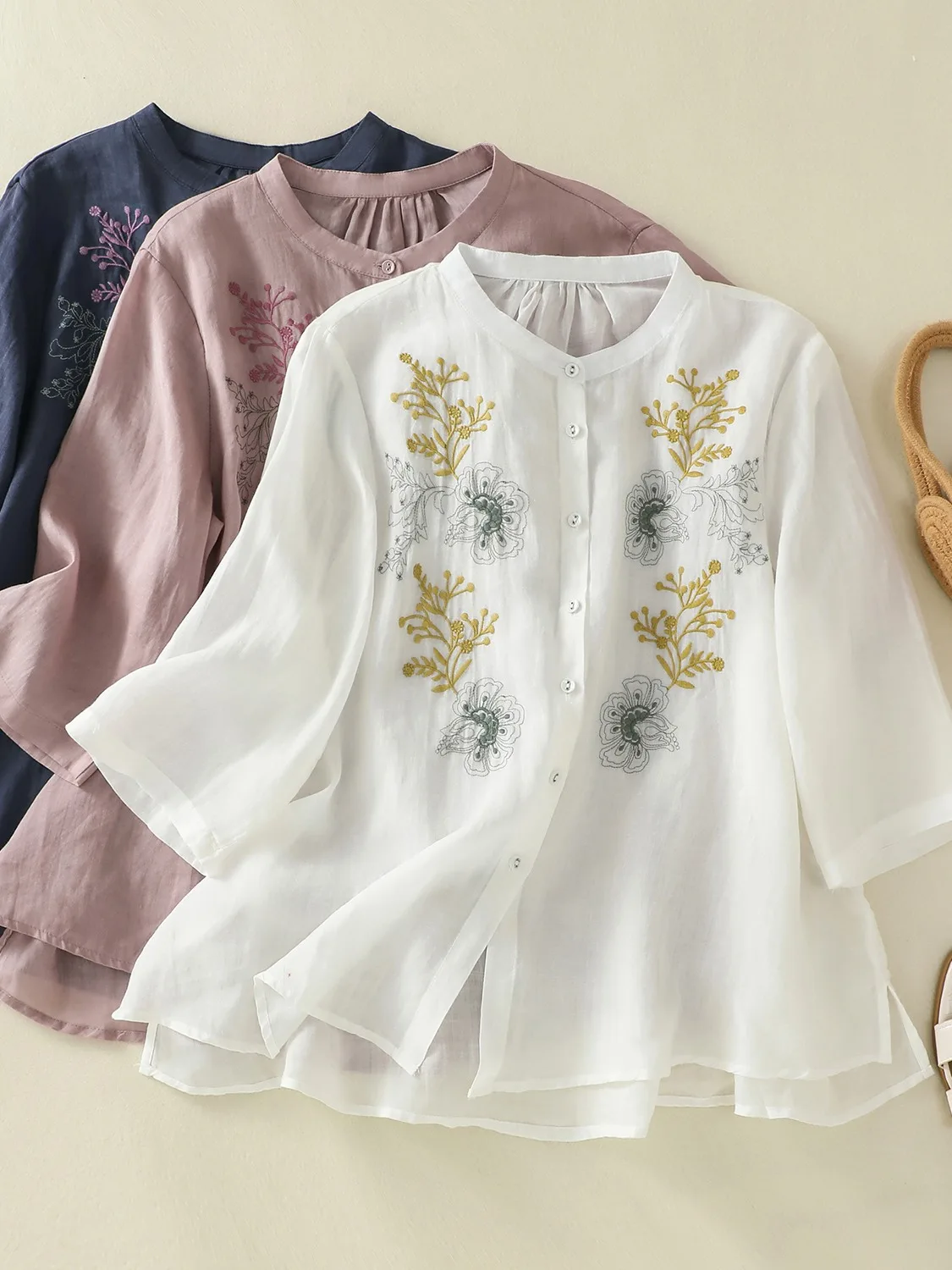 

Новый китайский хлопковый льняной топ с вышивкой, женский летний легкий художественный антивозрастной льняной топ